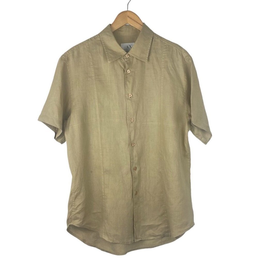 Armani Exchange Women's Vintage Brown Linen Short Sleeve Button Up Shirt US L